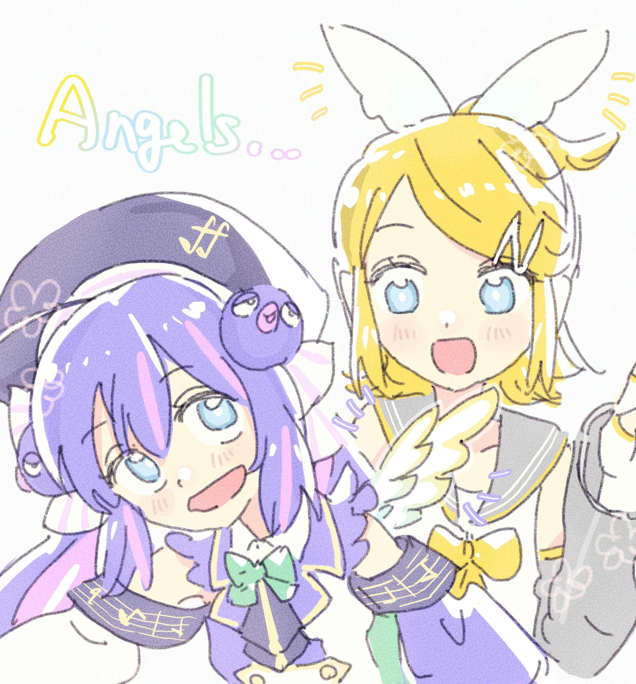 keylow, kagamine rin, otomachi una, otomachi una (sv), piapro studio, synthesizer v, vocaloid, highres, 2girls, arm warmers, bare shoulders, black sailor collar, blonde hair, blue eyes, blue hair, blush, bow, bowtie, detached sleeves, hair bow, hair ornament, hairclip, hand up, hat, kagamine rin (nt), long hair, looking at another, multiple girls, musical note, neckerchief, open mouth, purple hair, sailor collar, shirt, short hair, sleeveless, sleeveless shirt, smile, treble clef, twintails, upper body, white background, white bow, white shirt, wings, yellow bow