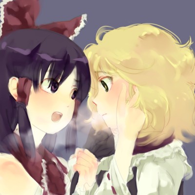mow (momom), hakurei reimu, kirisame marisa, touhou, lowres, 2girls, blush, female focus, messy hair, multiple girls, yuri