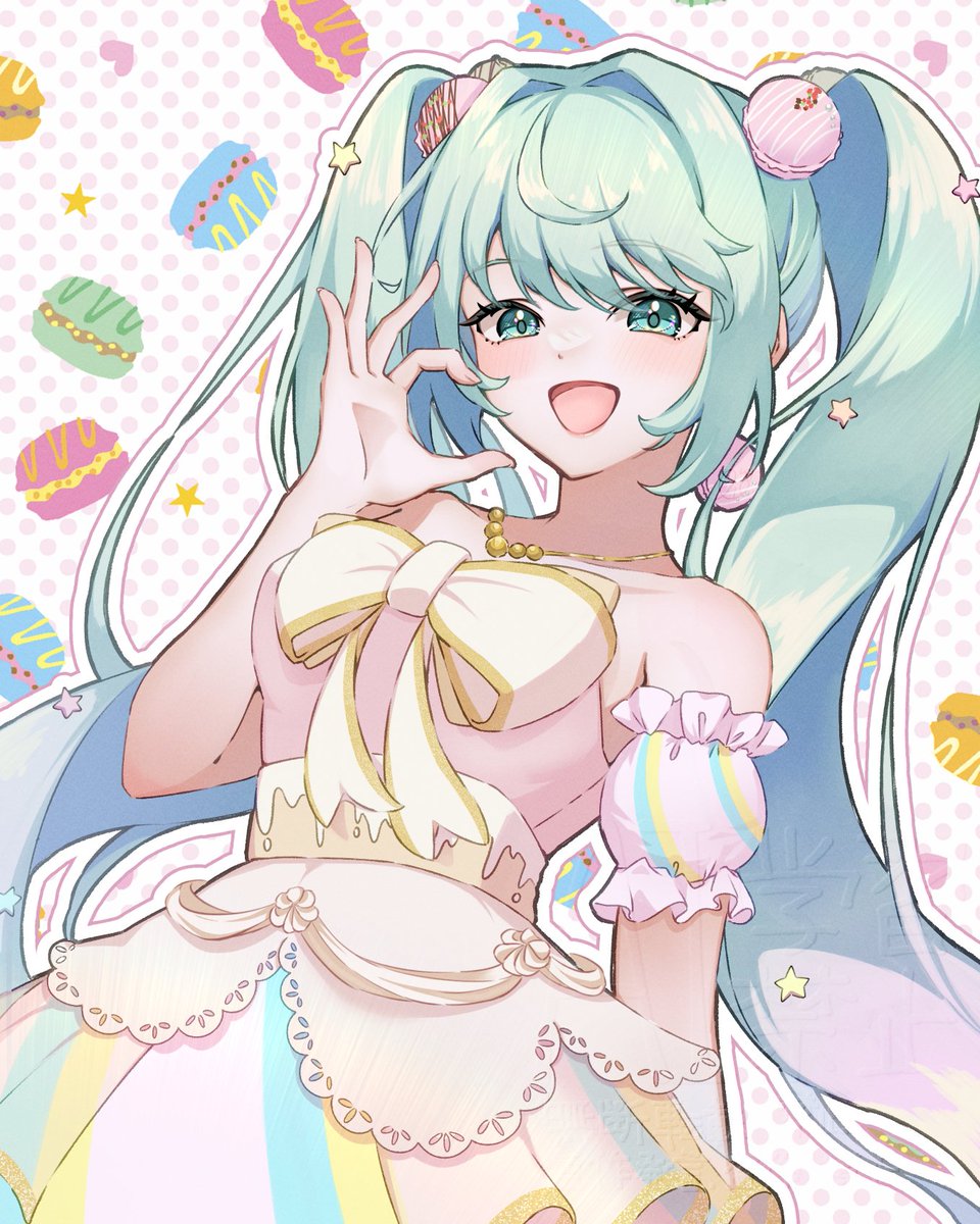 drawing410, hatsune miku, vocaloid, highres, 1girl, :d, aqua eyes, aqua hair, bare shoulders, blush, bow, detached sleeves, dress, earrings, food, hair ornament, hand up, jewelry, long hair, looking at viewer, macaron, necklace, ok sign, open mouth, pink dress, polka dot, puffy detached sleeves, puffy sleeves, smile, solo, star (symbol), star hair ornament, strapless, strapless dress, very long hair