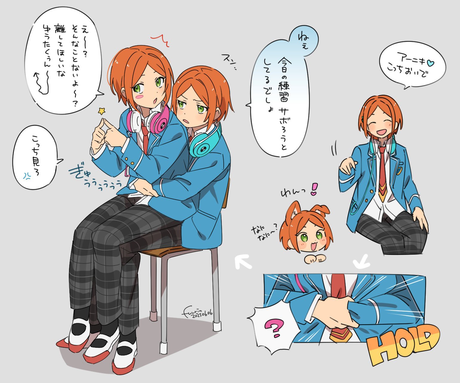 fuurin (sior fr), aoi hinata, aoi yuta, ensemble stars!, highres, translation request, 2boys, 2wink (ensemble stars!), ?, arrow (symbol), black pants, blazer, blue jacket, brothers, chair, green eyes, grey background, hair ornament, hairclip, headphones, headphones around neck, hug, hug from behind, jacket, male focus, multiple boys, necktie, on chair, orange hair, pants, parallel hairclips, parted bangs, red necktie, school chair, school uniform, shirt, shoes, short hair, siblings, simple background, sitting, sitting on lap, sitting on person, speech bubble, twins, uwabaki, white shirt