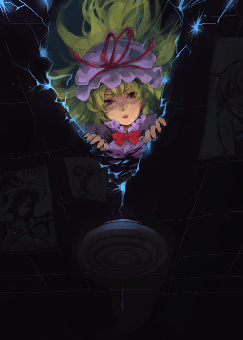 lovecom, yakumo yukari, touhou, bad id, bad pixiv id, 1girl, blonde hair, bow, ceiling, dress, female focus, from above, gap (touhou), hat, hat ribbon, lips, long hair, looking at viewer, mob cap, parted lips, pov, purple dress, red eyes, ribbon, solo, very long hair