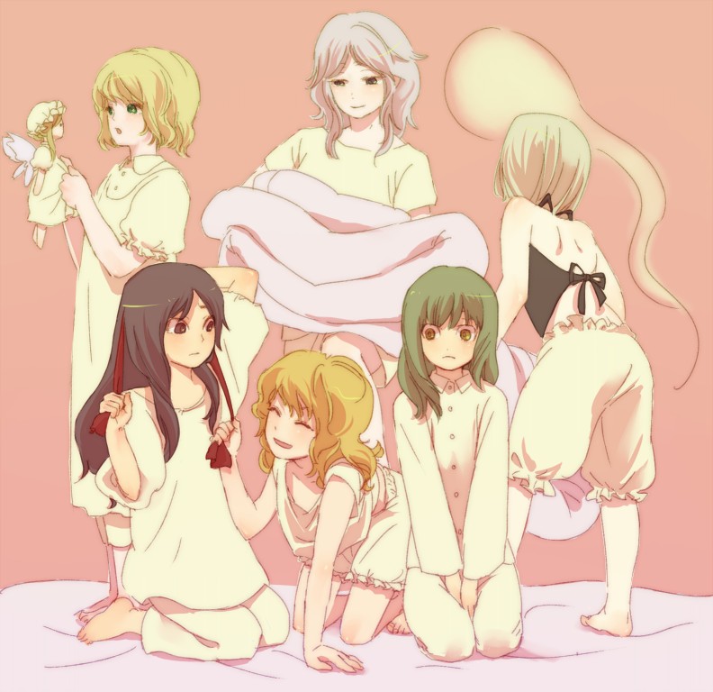 mow (momom), alice margatroid, hakurei reimu, izayoi sakuya, kirisame marisa, kochiya sanae, konpaku youmu, konpaku youmu (ghost), shanghai doll, touhou, 6+girls, barefoot, bed, blonde hair, bloomers, doll, feet, female focus, hitodama, multiple girls, pajamas, ribbon, sleepover, underwear