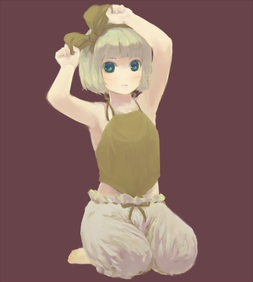 mow (momom), konpaku youmu, touhou, 1girl, armpits, barefoot, bloomers, blue eyes, bow, female focus, flat chest, full body, green eyes, kneeling, solo, underwear, white bloomers