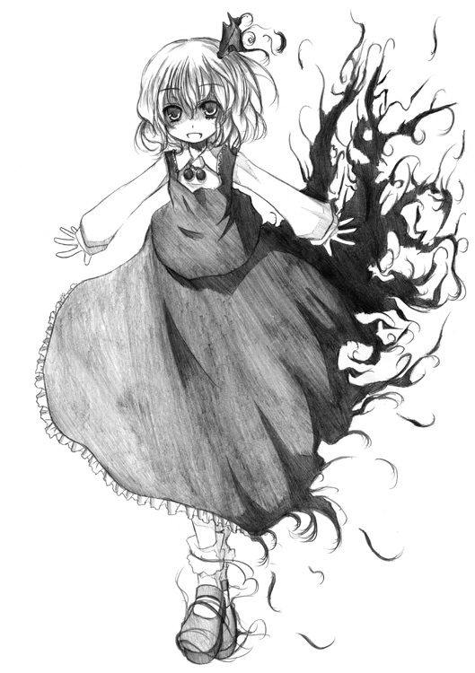 kurona, rumia, embodiment of scarlet devil, touhou, 1girl, darkness, female focus, greyscale, hair ribbon, monochrome, ribbon, short hair, solo