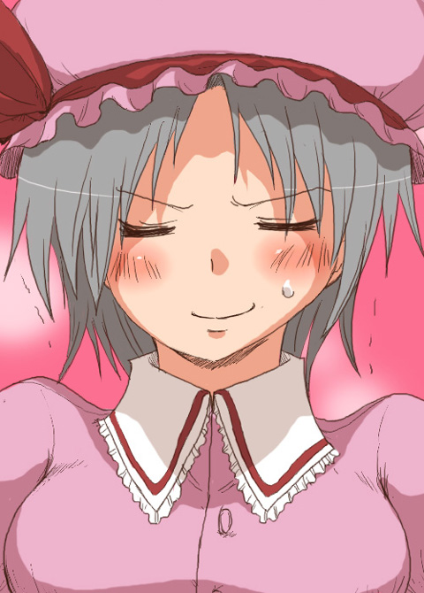 toto (hitori othello), izayoi sakuya, remilia scarlet, touhou, 1girl, blouse, blush, breasts, cosplay, female focus, gradient background, hat, mob cap, pink background, pink hat, pink shirt, remilia scarlet (cosplay), shirt, solo, upper body