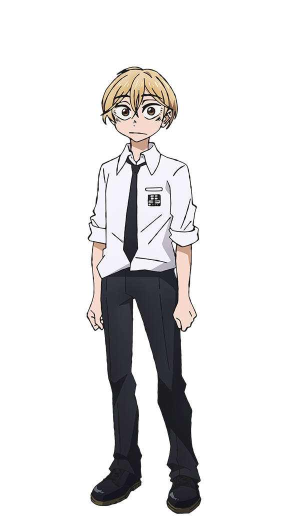 sanda (itagaki paru), official art, 1boy, anime coloring, black necktie, black pants, black shoes, blonde hair, brown eyes, clenched hands, closed mouth, collared shirt, crossed bangs, full body, hair between eyes, ishiyama masamichi, long sleeves, looking at viewer, necktie, pants, sanda kazushige, school uniform, shirt, shoes, short hair, simple background, sleeves rolled up, solo, standing, tachi-e, transparent background, white shirt