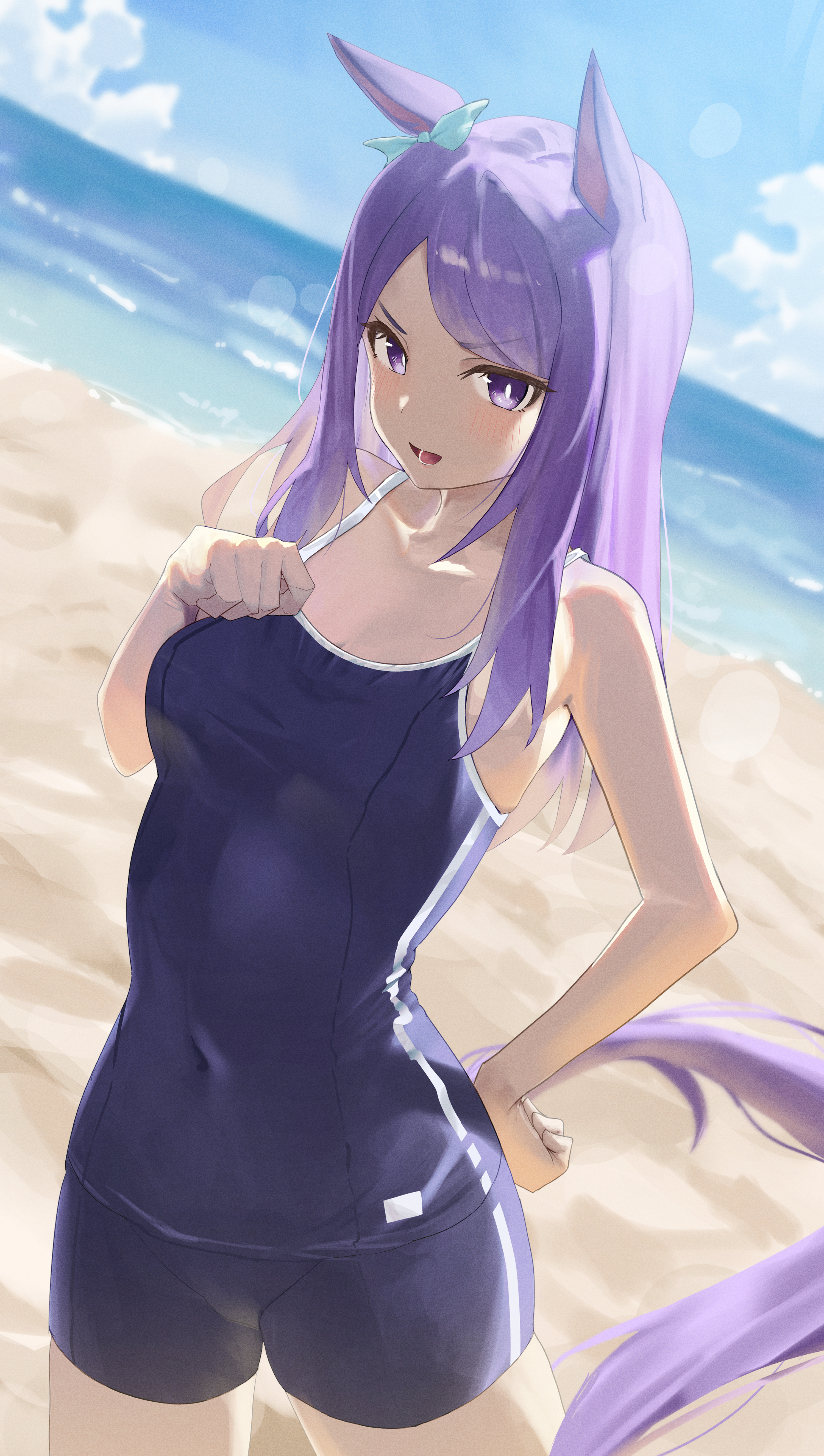 lowlight1010, mejiro mcqueen (umamusume), umamusume, absurdres, highres, 1girl, animal ears, bare arms, bare shoulders, blue shorts, blue tank top, blush, horse ears, horse girl, horse tail, long hair, looking at viewer, open mouth, purple eyes, purple hair, shorts, sidelocks, solo, swimsuit, tail, tank top