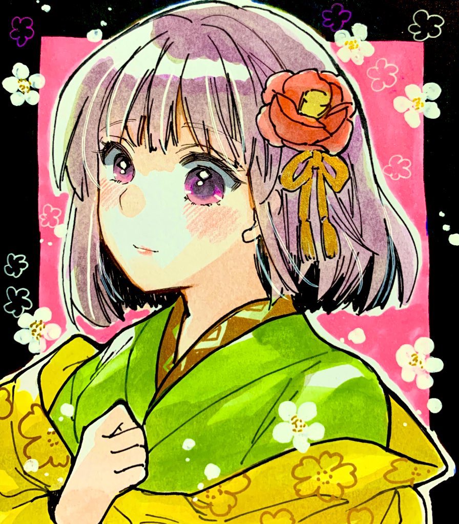 akaioringo2023, hieda no akyuu, touhou, bob cut, floral background, floral print, flower, hair flower, hair ornament, japanese clothes, looking to the side, medium hair, purple eyes, purple hair, solo