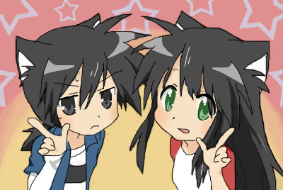 tobirankai, lucky star, motteke! serafuku, lowres, self-upload, animal ears, dog ears, green eyes, parody, wolf ears