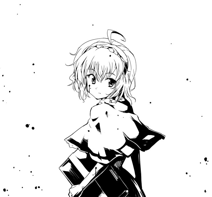 kiku hitomoji, tora tooru, toru tooru, alice margatroid, touhou, 1girl, ahoge, book, capelet, female focus, from behind, greyscale, grimoire, grimoire of alice, holding, holding book, looking at viewer, looking back, monochrome, simple background, solo, white background