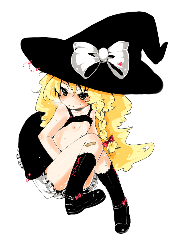 ichihaya, kirisame marisa, touhou, 1girl, bandaid, blonde hair, bloomers, blush, clothes lift, female focus, flat chest, full body, hat, loli, long hair, shirt lift, simple background, sitting, solo, underwear, white background, witch hat