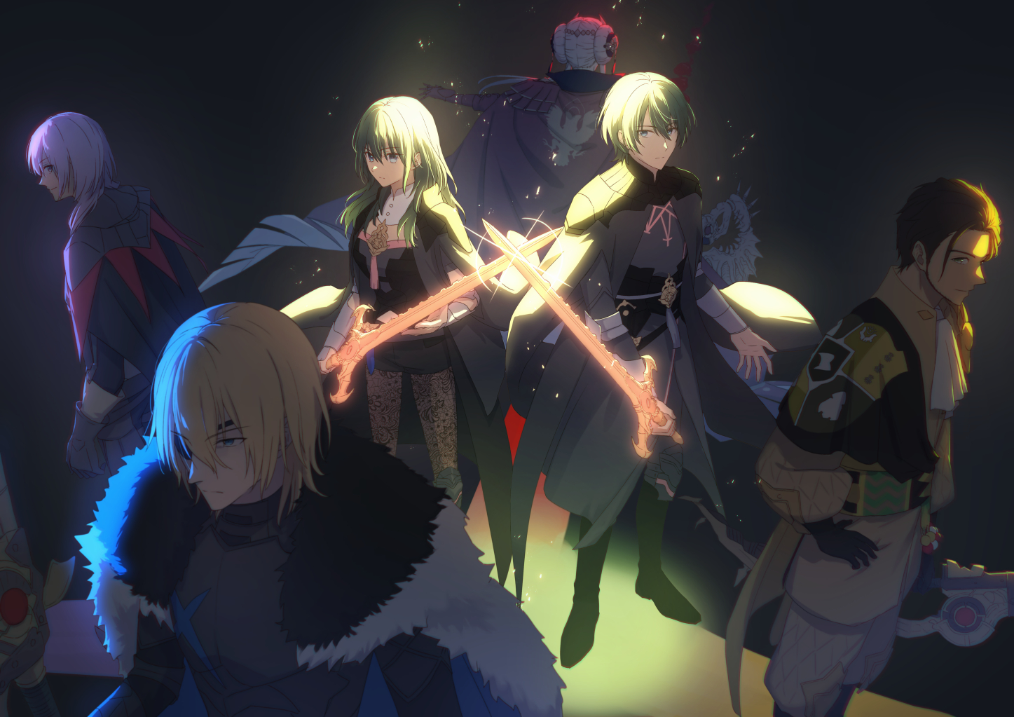 mochizuki sh, claude von riegan, claude von riegan (timeskip), dimitri alexandre blaiddyd, dimitri alexandre blaiddyd (timeskip), edelgard von hresvelg, edelgard von hresvelg (timeskip), female byleth (enlightened) (fire emblem), female byleth (fire emblem), male byleth (enlightened) (fire emblem), male byleth (fire emblem), yuri leclerc, yuri leclerc (timeskip), fire emblem, fire emblem: three houses, nintendo, 2girls, 4boys, armor, ascot, black armor, black boots, black cape, black gloves, black hair, black shirt, black shorts, blonde hair, blue coat, blue eyes, boots, bow (weapon), cape, coat, dual persona, eyepatch, fur-trimmed coat, fur trim, gloves, green hair, holding, holding bow (weapon), holding sword, holding weapon, long sleeves, multiple boys, multiple girls, pink hair, red cape, shirt, shorts, standing, sword, sword of the creator, weapon, white ascot, white hair