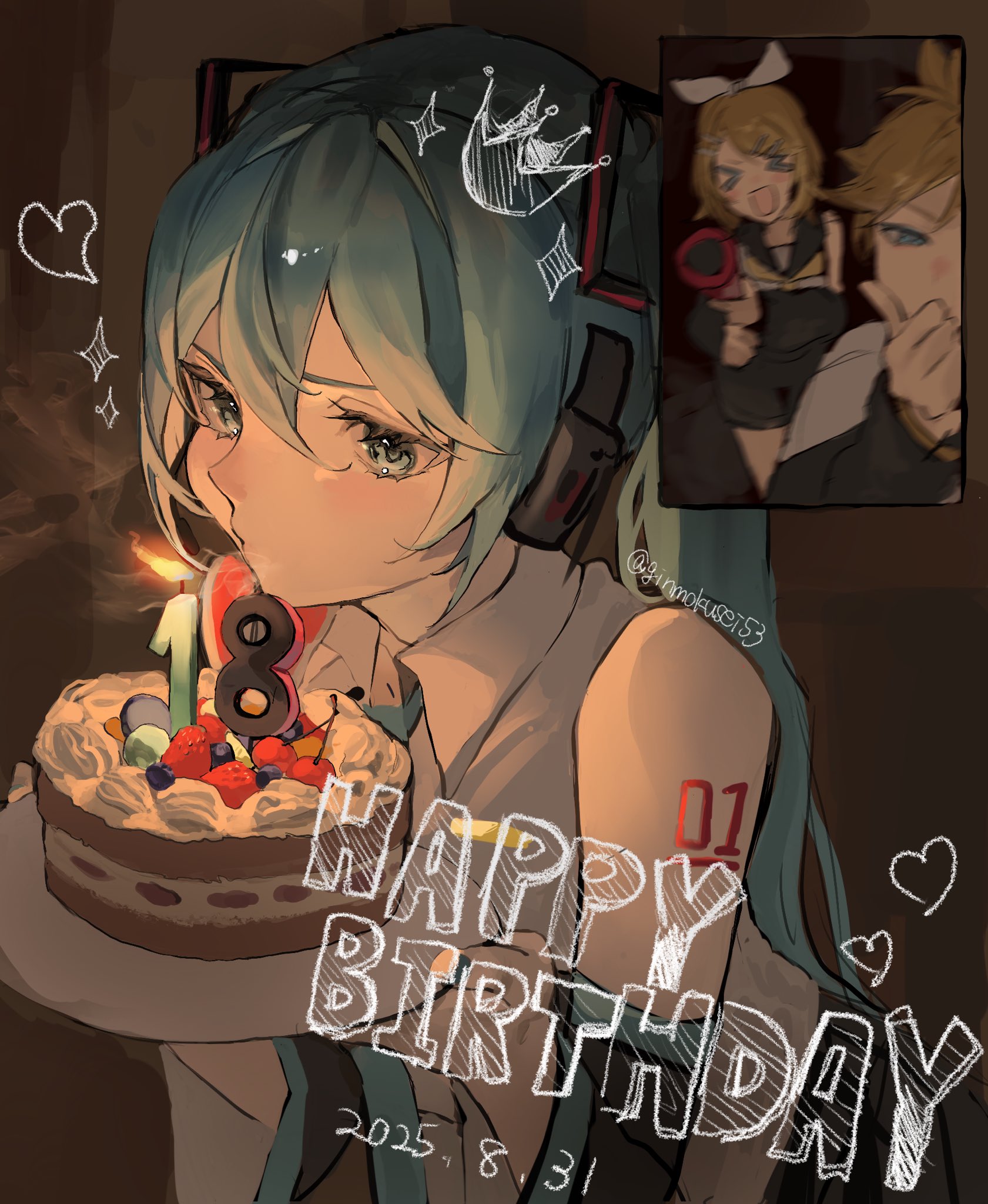 ginmokusei53, hatsune miku, kagamine len, kagamine rin, vocaloid, highres, > <, 1boy, 2girls, aqua eyes, aqua hair, aqua necktie, bare shoulders, birthday, birthday cake, black sleeves, blonde hair, blowing, blue eyes, blueberry, bow, cake, candle, collared shirt, crown, dated, detached sleeves, fire, food, fruit, grey shirt, hair bow, hair ornament, hairclip, happy birthday, headphones, headset, heart, holding, holding cake, holding food, holding plate, long hair, multiple girls, neckerchief, necktie, plate, sailor collar, shirt, short hair, shoulder tattoo, sleeveless, sleeveless shirt, sparkle, strawberry, tattoo, twintails, twitter username, upper body, very long hair, white bow, white shirt