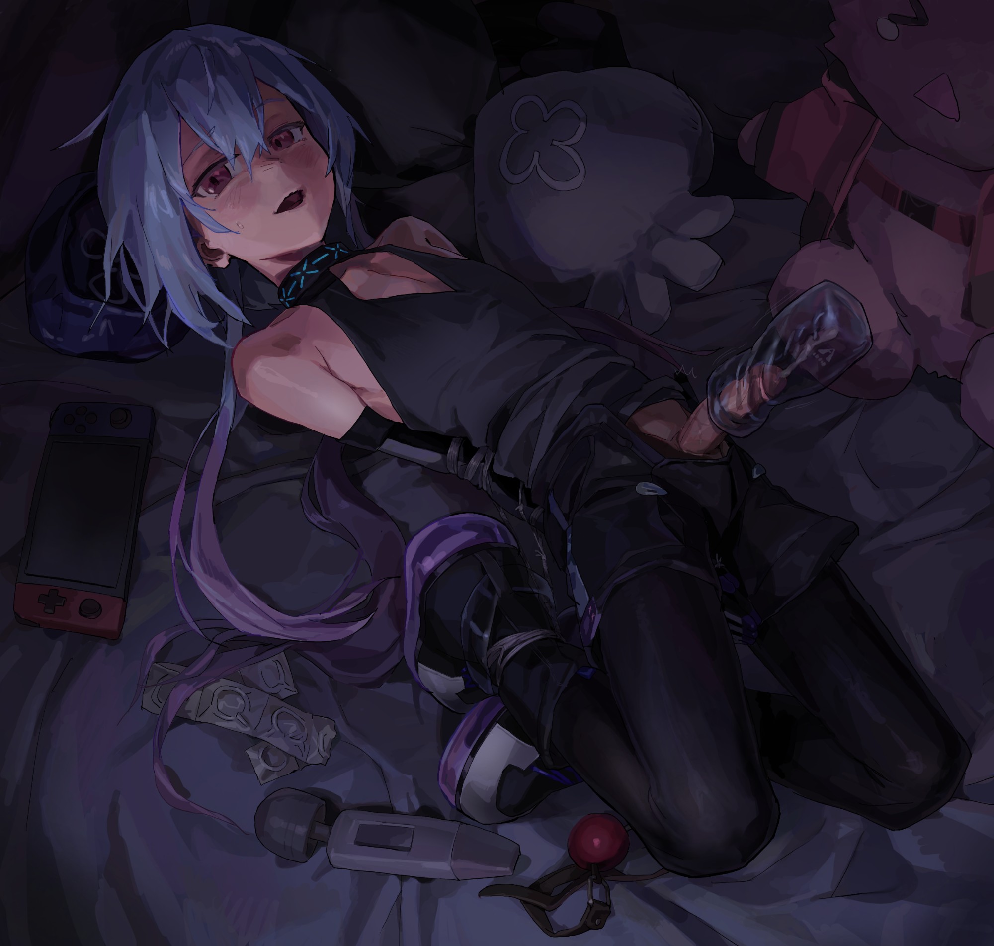 a tea, character request, copyright request, highres, 1boy, artificial vagina, ball gag, bare shoulders, black gloves, black pantyhose, blue hair, blue neckerchief, boots, bound, bound arms, bound legs, collarbone, condom, cum, ejaculation, elbow gloves, erection, gag, gloves, hitachi magic wand, hogtie, long hair, looking at viewer, neckerchief, open mouth, pantyhose, penis, red eyes, sex toy, shibari, shibari over clothes, shorts, solo, vibrator