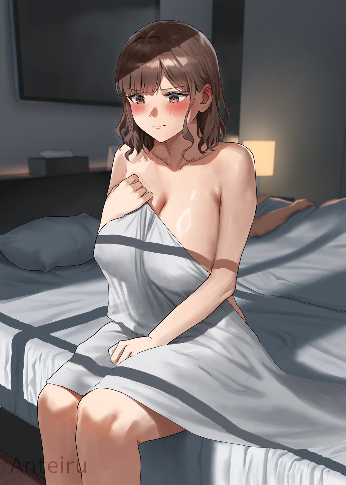 anteiru, original, highres, 1boy, 1girl, bed, blanket, blush, breasts, brown eyes, brown hair, cleavage, closed mouth, collarbone, feet out of frame, fujisaki honami, indoors, lamp, large breasts, medium hair, on bed, sitting, solo focus