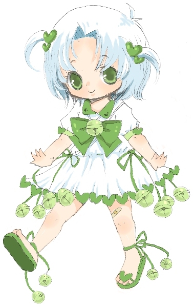ichihaya, 1girl, bandaid, bell, female focus, full body, green eyes, hair ornament, heart, heart hair ornament, jingle bell, puffy short sleeves, puffy sleeves, ribbon, sandals, short hair, short sleeves, simple background, solo, two side up, white background, white hair