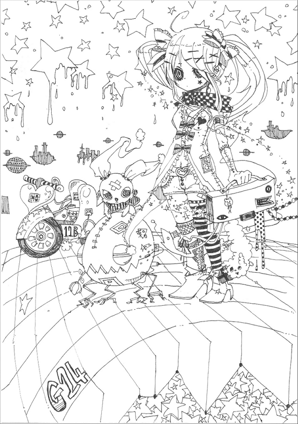 ichihaya, fantasy, gothic lolita, greyscale, lolita fashion, monochrome, solo, star (symbol), striped clothes, striped thighhighs, thighhighs