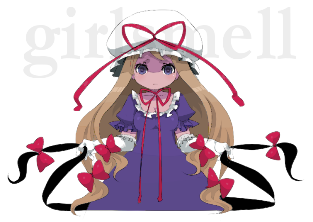 ichihaya, yakumo yukari, touhou, 1girl, dress, elbow gloves, female focus, gap (touhou), gloves, hat, long hair, ribbon, solo, white background