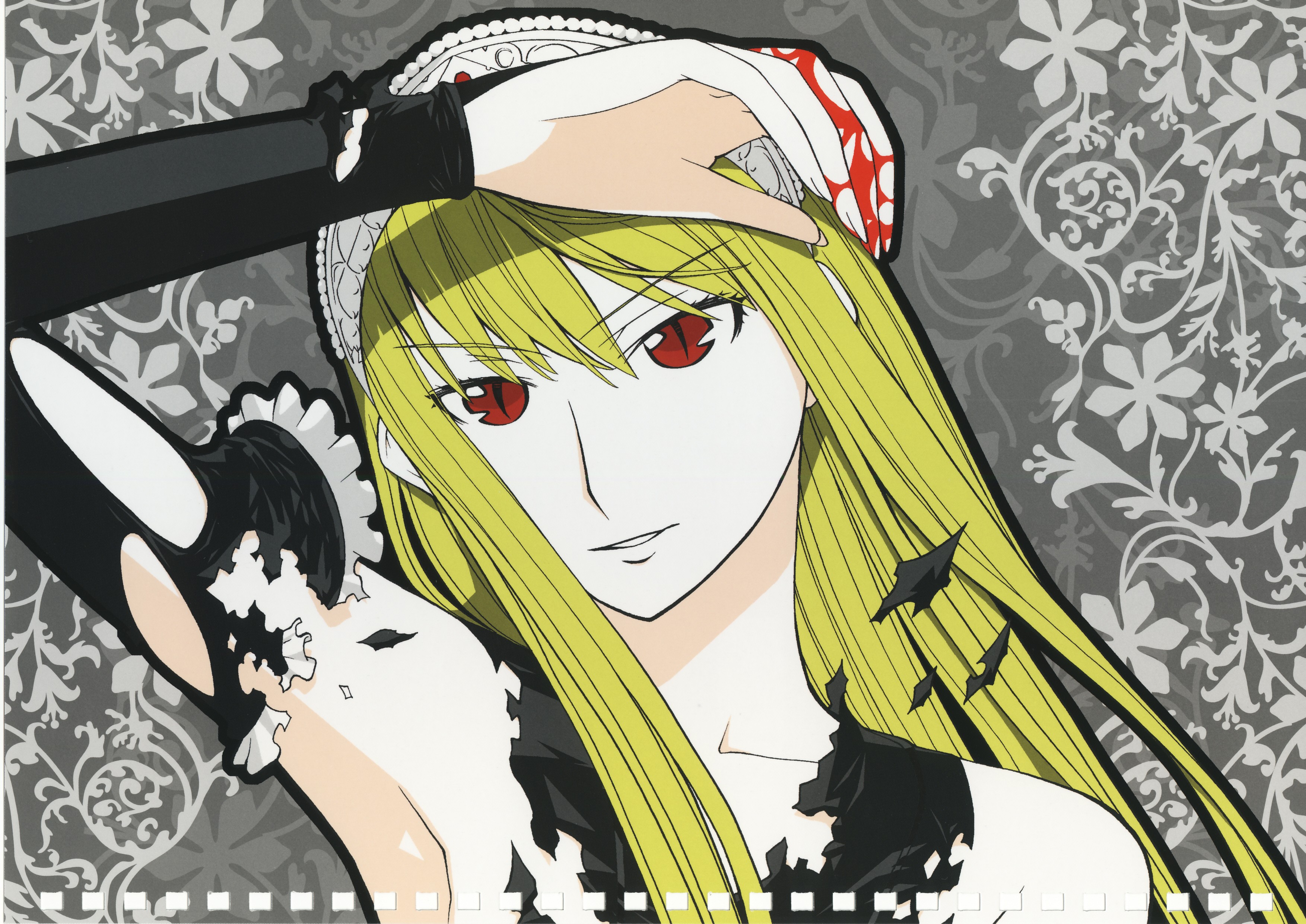 mitsunaga yasunori, hime (kaibutsu oujo), kaibutsu oujo, absurdres, highres, official art, scan, 00s, 1girl, arm up, armpits, bare shoulders, blonde hair, blood, blood on hands, collarbone, female focus, fingernails, floral background, flower, frilled sleeves, frills, gem, grey background, grin, hair between eyes, head tilt, long fingernails, long hair, long sleeves, looking at viewer, parted lips, red eyes, red gemstone, sidelocks, slit pupils, smile, solo, straight hair, tearing clothes, tiara, torn clothes, torn sleeves, upper body
