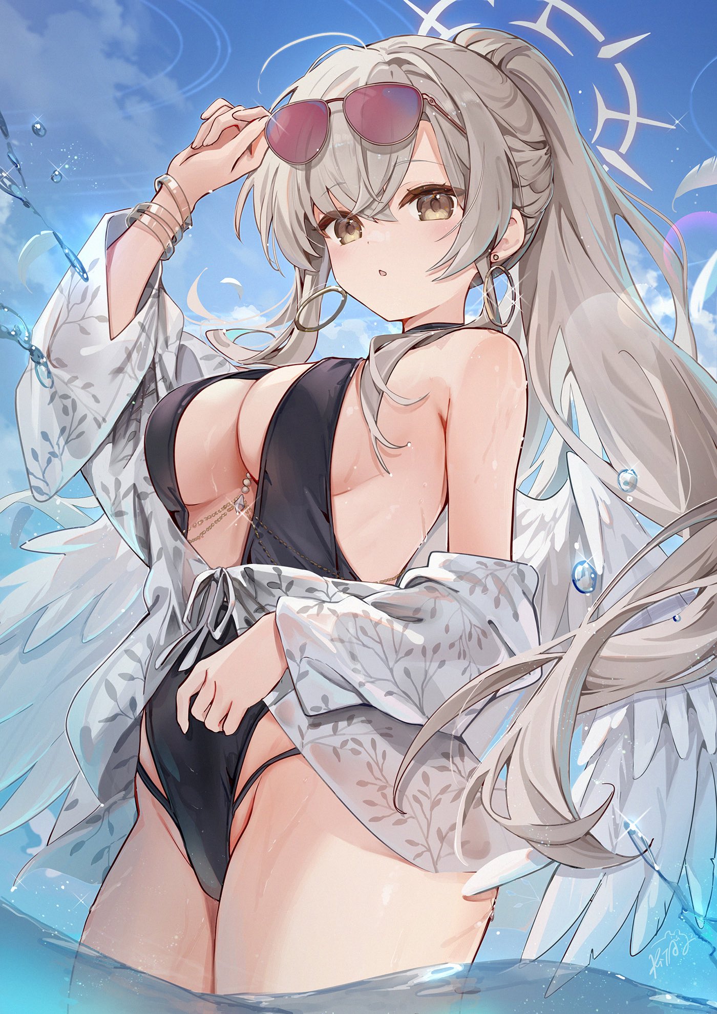 kita (kitairoha), nagisa (blue archive), nagisa (swimsuit) (blue archive), blue archive, highres, 1girl, bare shoulders, blue sky, breasts, brown eyes, brown hair, cleavage, earrings, eyewear on head, feathered wings, halo, jewelry, large breasts, long hair, looking at viewer, low wings, off shoulder, official alternate costume, official alternate hairstyle, outdoors, parted lips, ponytail, sky, solo, standing, sunglasses, very long hair, water, white wings, wings