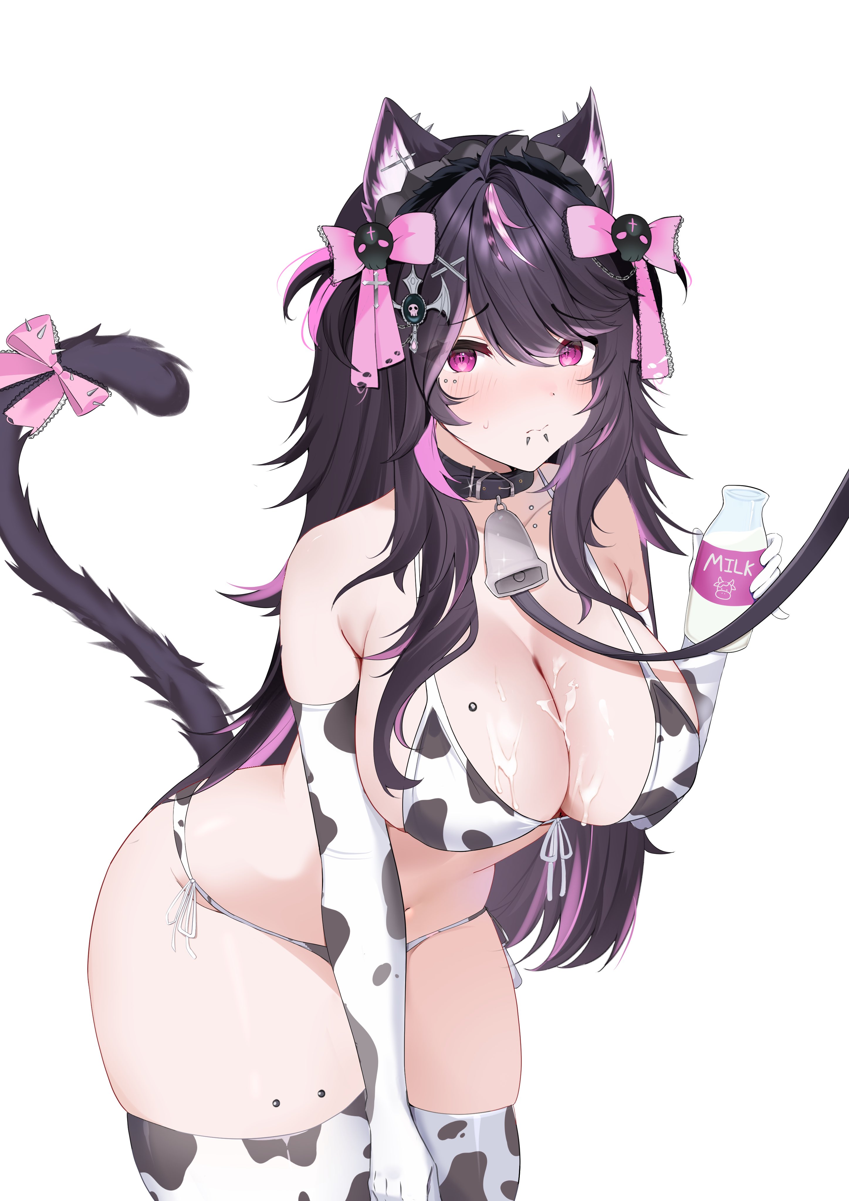 pokuriin, indie virtual youtuber, absurdres, commentary, english commentary, highres, second-party source, 1girl, animal ear fluff, animal ear piercing, animal ears, animal print, bell, bikini, black collar, blush, bottle, bow, breast piercing, breasts, cat ears, cat girl, cat tail, cleavage, closed mouth, collar, collarbone, collarbone piercing, cow print, cow print bikini, cow print gloves, cow print thighhighs, cowbell, cowboy shot, elbow gloves, embarrassed, eye piercing, face piercing, fluid on breasts, glass bottle, gloves, hair between eyes, hair bow, hair ornament, hand up, holding, holding bottle, labret piercing, large breasts, leaning forward, leash, leg piercing, long hair, looking at viewer, milk bottle, multicolored hair, multiple piercings, neck bell, nyaicore, parted bangs, piercing, pink bow, pink eyes, pink streaks, print bikini, print gloves, print thighhighs, purple hair, sexually suggestive, side-tie bikini bottom, simple background, skindentation, small sweatdrop, solo, spike piercing, streaked hair, swept bangs, swimsuit, tail, thighhighs, thighs, virtual youtuber, wavy mouth, white background, x hair ornament
