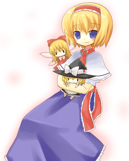 yuzuki (yuduame), alice margatroid, touhou, 1girl, blonde hair, blue dress, blue eyes, blush, capelet, character doll, closed mouth, crossed arms, doll, dress, fairy wings, female focus, flying, frills, looking at viewer, sitting, smile, solo, wings