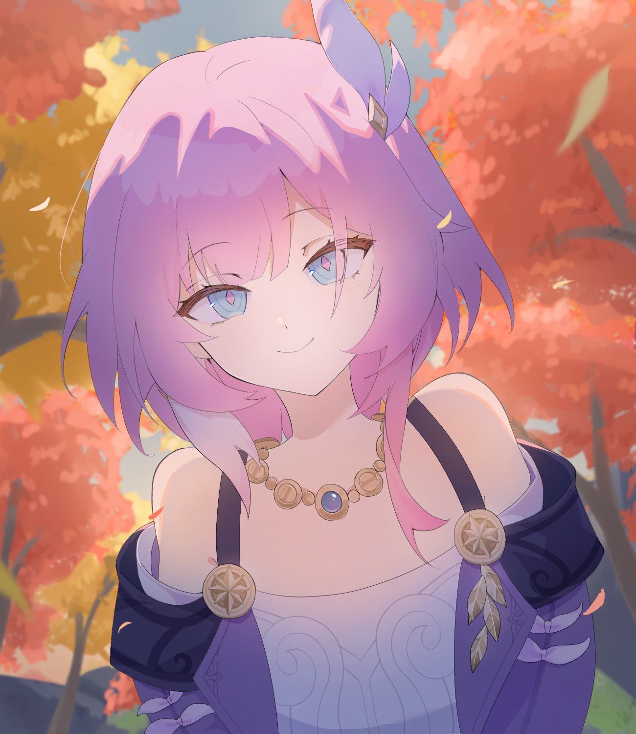 cyrene (honkai: star rail), honkai: star rail, honkai (series), commentary request, highres, 1girl, autumn leaves, bare shoulders, blue eyes, bodysuit, breasts, dress, forest, hair ornament, jewelry, kedadama, leaf, multicolored hair, nature, necklace, pink hair, purple bodysuit, short hair, small breasts, smile, solo, tree, two-tone hair, upper body, white background, white dress, white hair