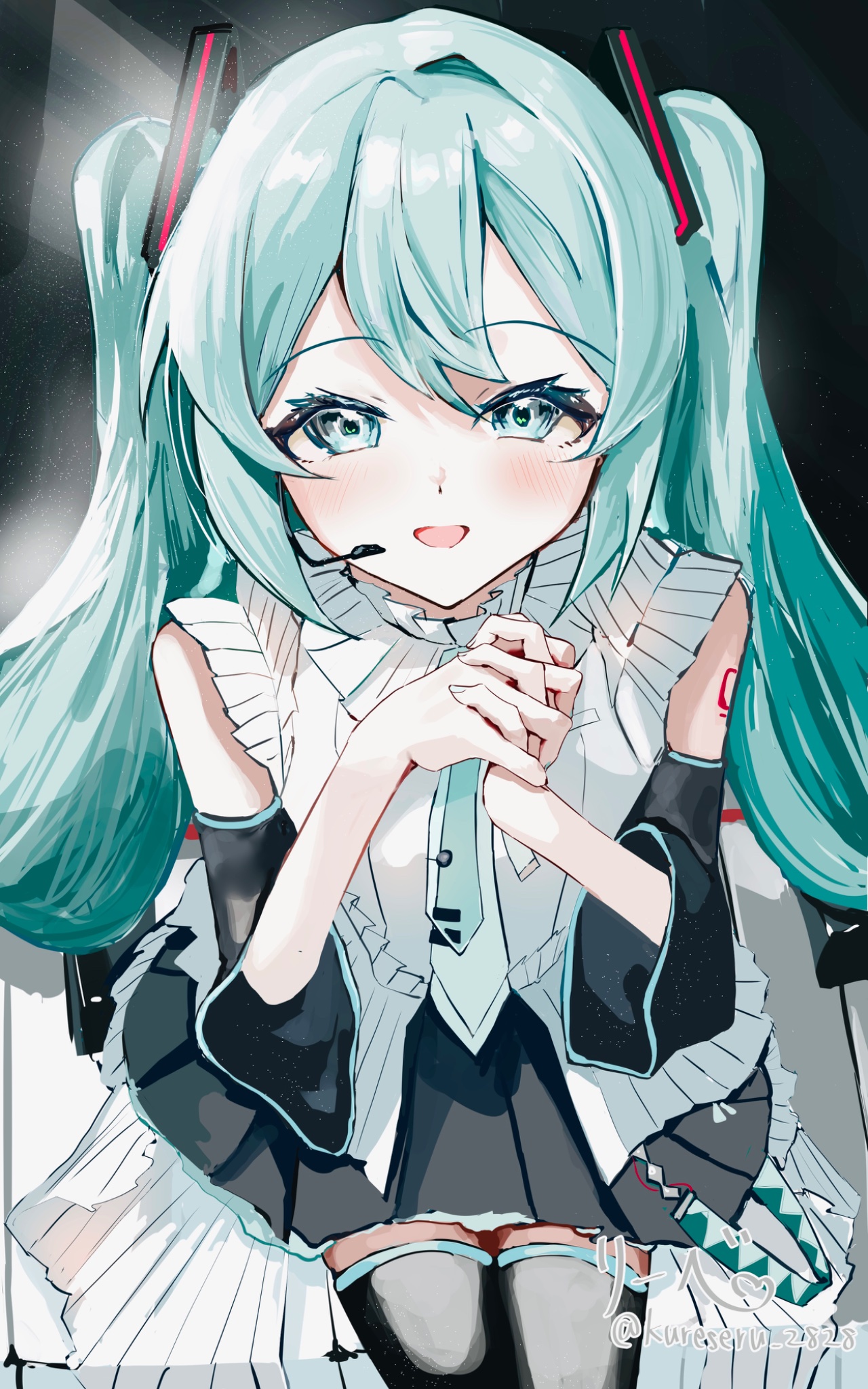 hatsune miku, vocaloid, highres, 1girl, :d, aqua eyes, aqua hair, aqua necktie, black sleeves, black thighhighs, blush, detached sleeves, frills, from above, hair between eyes, hair ornament, headset, kureseru 2828, long hair, necktie, open mouth, own hands together, pleated skirt, shirt, sitting, skirt, sleeveless, sleeveless shirt, smile, solo, tattoo, thighhighs, twintails, twitter username, very long hair, white shirt, zettai ryouiki