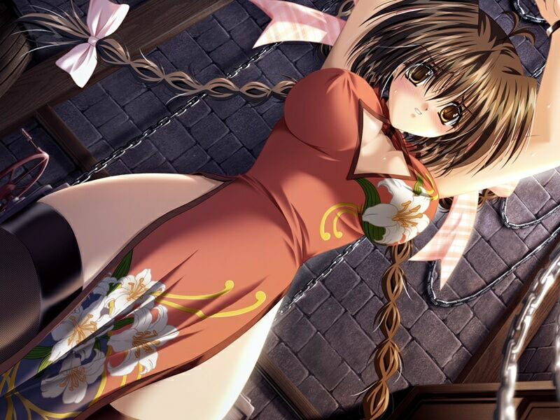 akira (usausa), carnelian, irie kozue, darling, game cg, 00s, 1girl, bare shoulders, bdsm, blush, bondage, bound, bow, braid, breasts, brown eyes, brown hair, chain, china dress, chinese clothes, covered erect nipples, dress, female focus, hair bow, large breasts, scared, solo, thighhighs, thighs, twin braids