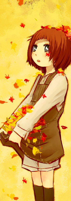 mizu asato, long image, tall image, autumn, autumn leaves, brown hair, dress, falling leaves, kneehighs, leaf, short hair, shorts under dress, skirt hold, sky, socks, solo, teeth, upper teeth only, yellow background, yellow sky