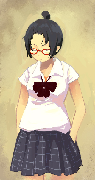 mizu asato, black hair, closed eyes, glasses, school uniform, serafuku, short hair, solo