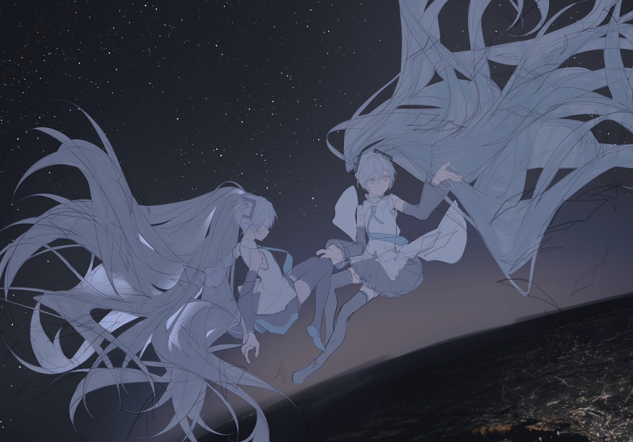 sumi (mizuoisiiii), hatsune miku, vocaloid, highres, 2girls, absurdly long hair, aqua necktie, bare shoulders, black skirt, black sleeves, black thighhighs, blue hair, blue necktie, boots, city lights, cityscape, detached sleeves, dual persona, floating, floating hair, grey shirt, hair ornament, long hair, looking at another, midair, multiple girls, necktie, night, night sky, outdoors, pleated skirt, shirt, skirt, sky, sleeveless, sleeveless shirt, star (sky), starry sky, thigh boots, thighhighs, twintails, very long hair, white shirt, wide shot, zettai ryouiki