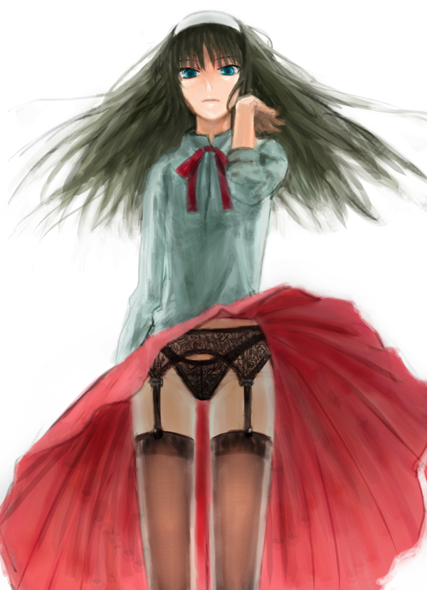 kuroi nyan, tohno akiha, tsukihime, 00s, garter belt, lingerie, long skirt, panties, skirt, solo, thighhighs, underwear, upskirt, wind, wind lift