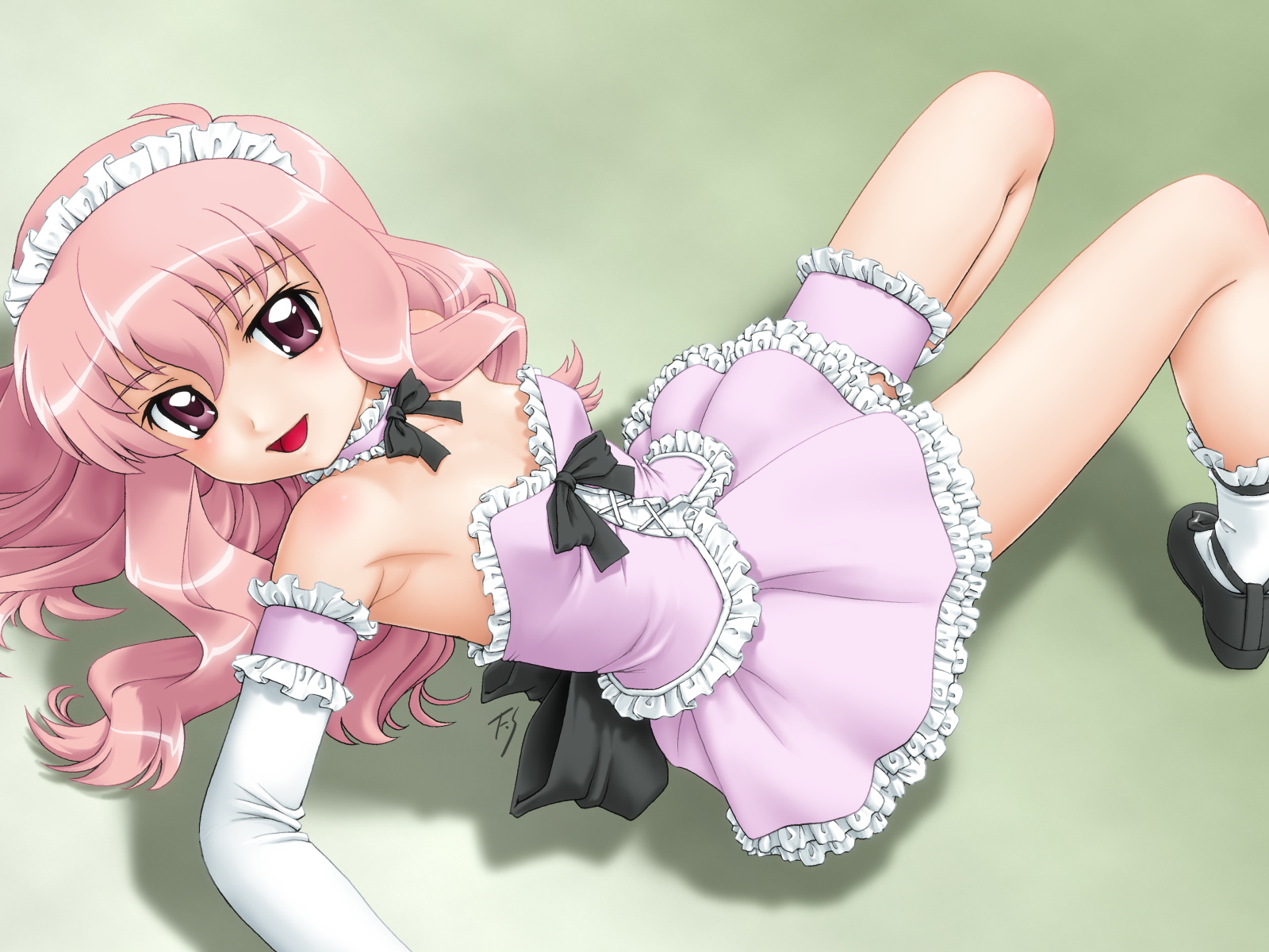 fuji shinobu, louise francoise le blanc de la valliere, zero no tsukaima, highres, 00s, 1girl, :d, arm garter, arm support, armpits, black bow, black shoes, blush, bow, choker, corset, dress, elbow gloves, female focus, frilled gloves, frilled skirt, frilled socks, frilled thigh strap, frills, from above, garter belt, gloves, hair ornament, lingerie, long hair, looking at viewer, maid headdress, mary janes, open mouth, pink eyes, pink hair, purple eyes, ribbon, shoes, signature, sitting, skirt, smile, socks, solo, thigh strap, underwear, waitress, white gloves, white socks