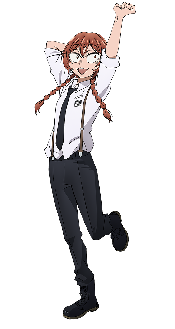 sanda (itagaki paru), official art, 1girl, anime coloring, arm behind head, arms up, black boots, black necktie, black pants, boots, braid, breasts, brown eyes, brown hair, collared shirt, crossed bangs, d:, full body, hair between eyes, ishiyama masamichi, kazao niko, leg up, long hair, long sleeves, looking at viewer, necktie, open mouth, outstretched arm, pants, shirt, simple background, sleeves rolled up, small breasts, smile, solo, standing, suspenders, tachi-e, transparent background, tsurime, twin braids, white shirt