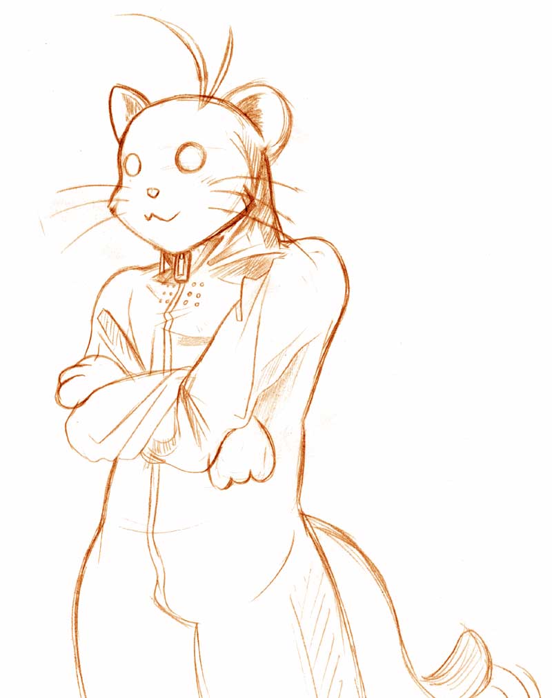 kagura yuuto, yuuno scrya, lyrical nanoha, mahou shoujo lyrical nanoha, 00s, 1boy, antenna hair, cowboy shot, crossed arms, ferret, male focus, monochrome, o o, simple background, solo, standing, straitjacket, whiskers, white background