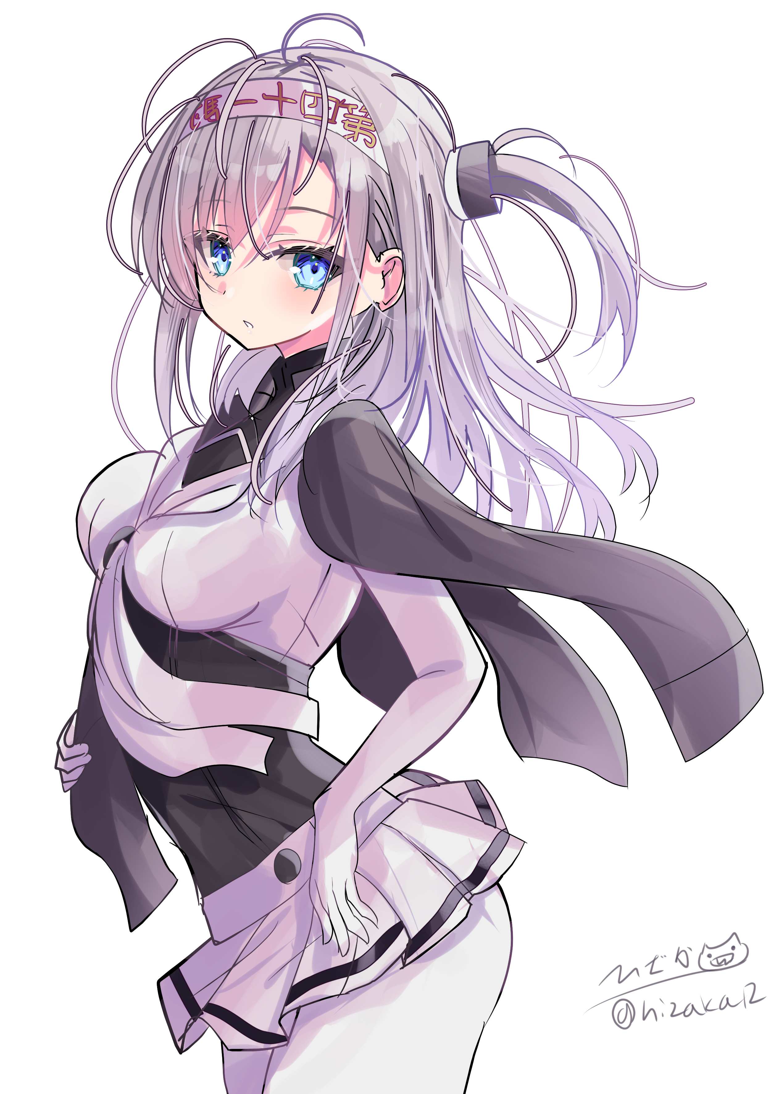 hizaka, suzutsuki (kancolle), kantai collection, absurdres, highres, 1girl, black headband, black sailor collar, blue eyes, bodysuit, breasts, gloves, grey hair, grey jacket, grey neckerchief, hachimaki, hair between eyes, headband, jacket, long hair, looking at viewer, medium breasts, neckerchief, one side up, sailor collar, school uniform, signature, simple background, skirt, solo, twitter username, white bodysuit, white headband