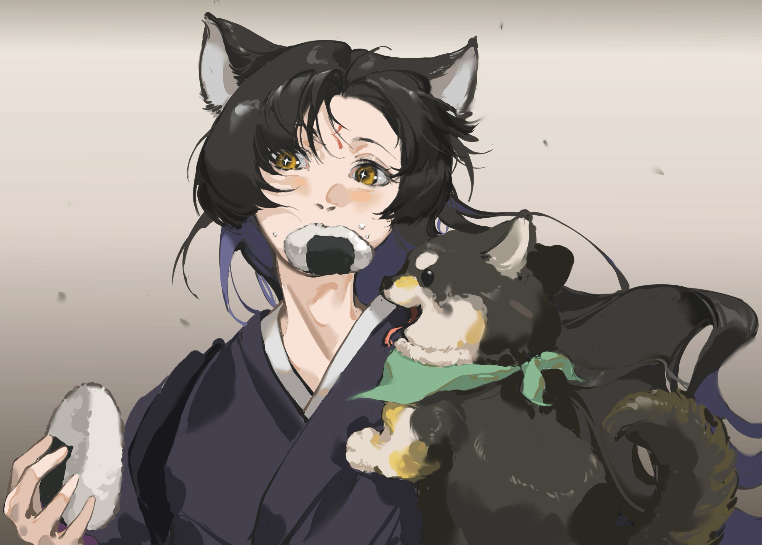 saga (arknights), arknights, chinese commentary, commentary request, highres, + +, 1girl, animal, animal ears, black hair, black kimono, dog, facial mark, food, food in mouth, food on face, forehead mark, grey background, hefengtuanzi, holding, holding food, japanese clothes, kimono, long hair, mouth hold, onigiri, portrait, rice, rice on face, solo, yellow eyes
