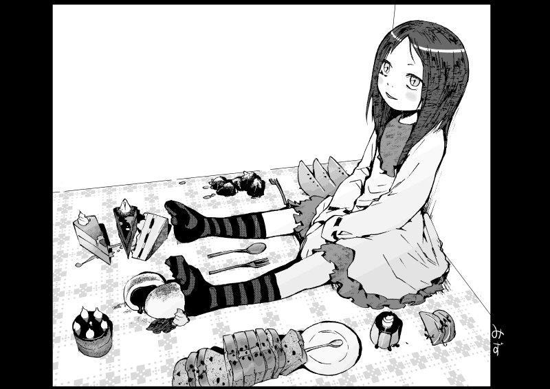 mizu asato, cake, feet, food, greyscale, monochrome, pastry, sitting, socks, solo, striped clothes, striped socks, sweets