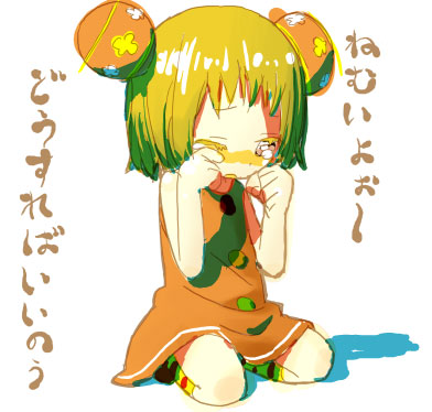 mizu asato, lowres, bun cover, double bun, dress, green hair, polka dot, short hair, socks, solo, tears
