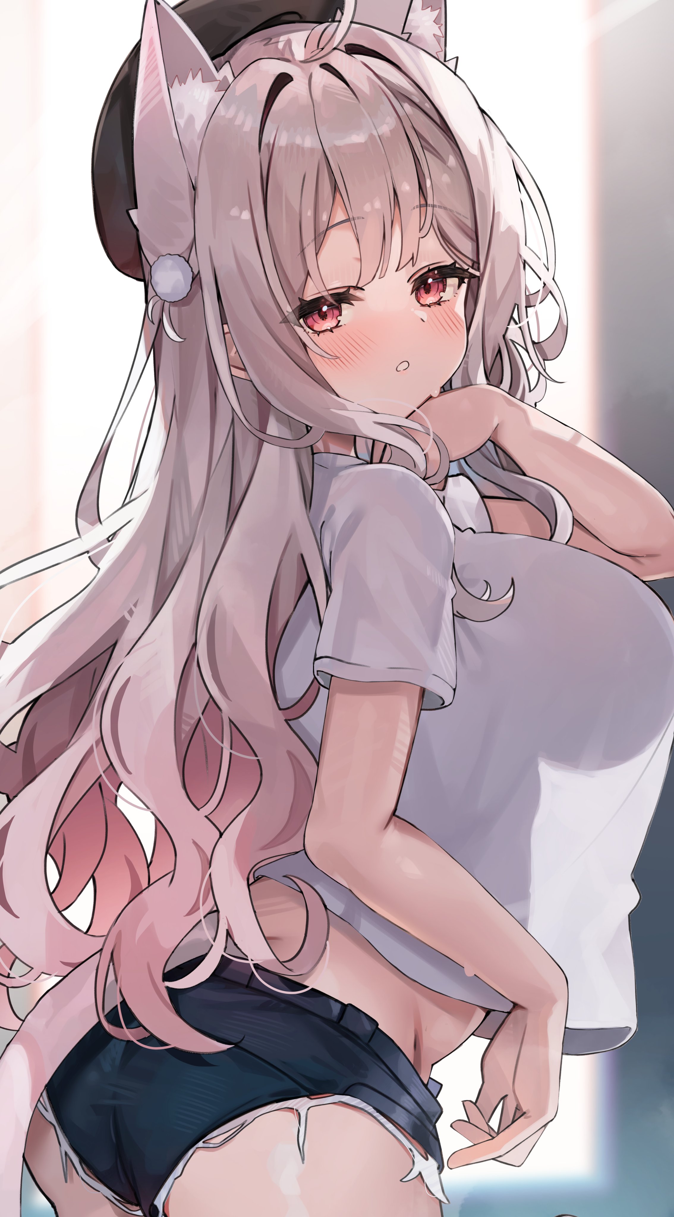 kuroshiro kanae, original, absurdres, commentary request, commission, highres, skeb commission, 1girl, ahoge, animal ear fluff, animal ears, ass, black hat, black shorts, blush, breasts, grey hair, hand up, hat, large breasts, long hair, looking at viewer, looking back, orange eyes, parted lips, shirt, short shorts, short sleeves, shorts, solo, sweat, white shirt