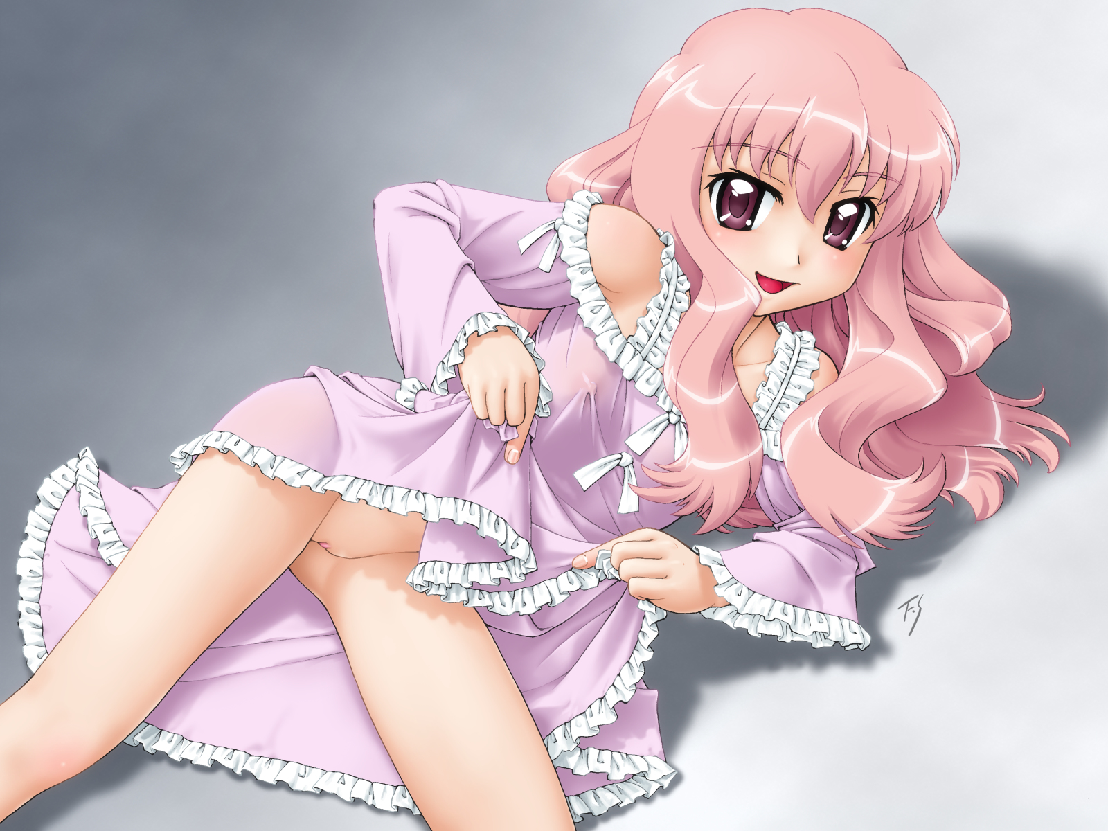fuji shinobu, louise francoise le blanc de la valliere, zero no tsukaima, highres, 00s, 1girl, :d, clothes lift, female focus, flat chest, lifting own clothes, loli, long hair, no panties, open mouth, pajamas, pink hair, purple eyes, pussy, skirt, skirt lift, smile, solo