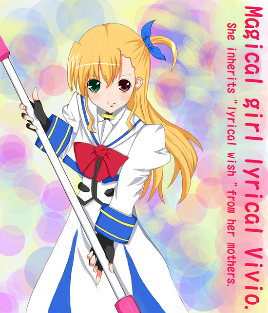 forest2487, takamachi nanoha, takamachi nanoha (sacred mode), vivio, lyrical nanoha, mahou shoujo lyrical nanoha, mahou shoujo lyrical nanoha strikers, mahou shoujo lyrical nanoha vivid, 1girl, blonde hair, cosplay, english text, female focus, green eyes, heterochromia, magical girl, red eyes, solo, takamachi nanoha (cosplay)