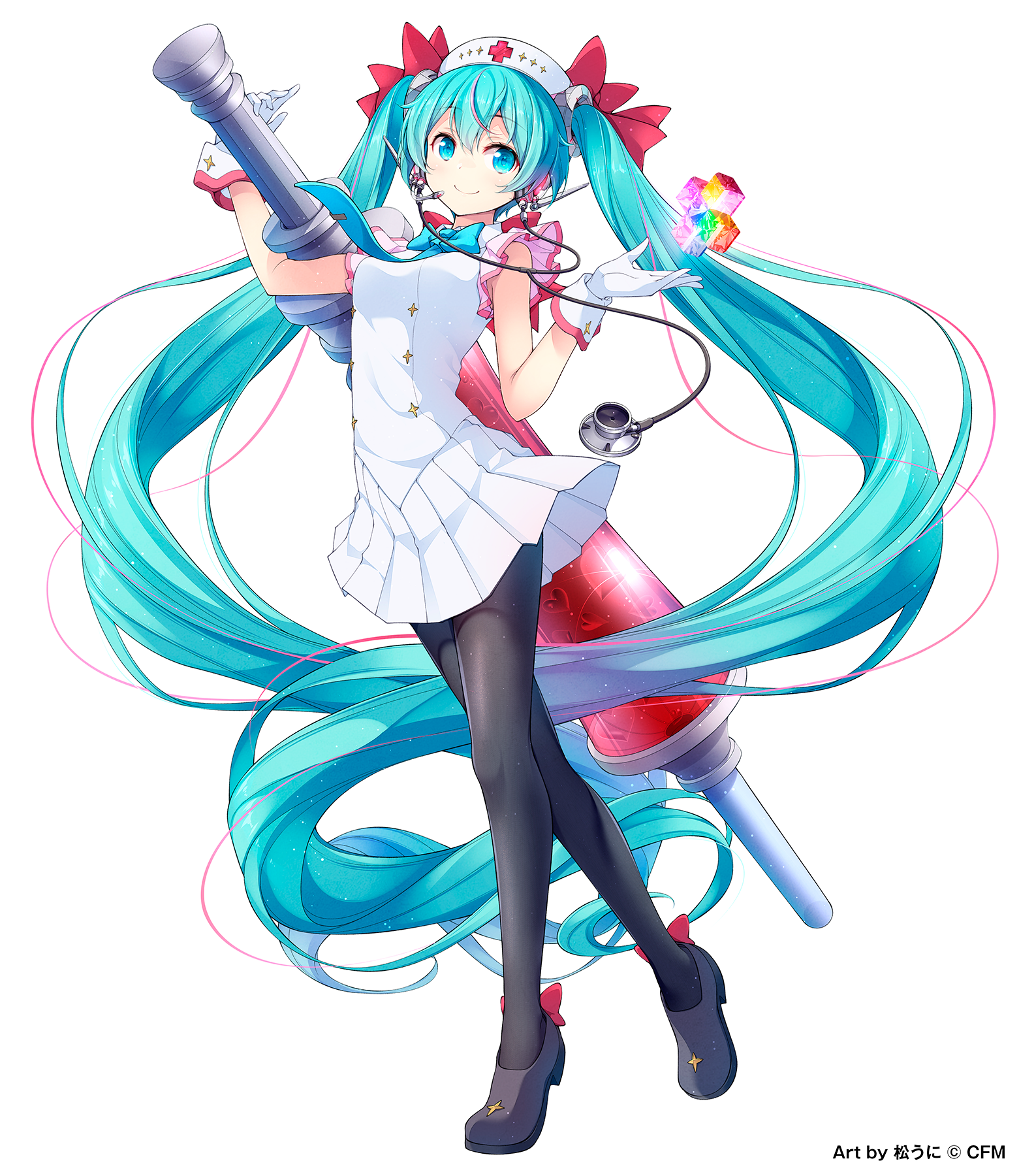 matsuuni, hatsune miku, vocaloid, commentary request, highres, official art, 1girl, blue eyes, blue hair, bow, bowtie, breasts, copyright notice, cross, footwear bow, full body, gloves, hair between eyes, hair bow, heart, holding, long hair, looking at viewer, nurse, oversized object, pantyhose, red cross, shoes, simple background, skirt, small breasts, smile, solo, standing, syringe, twintails, very long hair, watermark, white background, wrist cuffs