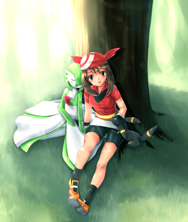 yuki usagi (mofurafu), gardevoir, may (pokemon), sirnight, umbreon, nintendo, pokemon, 2girls, bandana, blue eyes, brown hair, closed eyes, gen 2 pokemon, gen 3 pokemon, grass, green background, green hair, legs, multiple girls, pokemon (creature), sitting, smile, tree