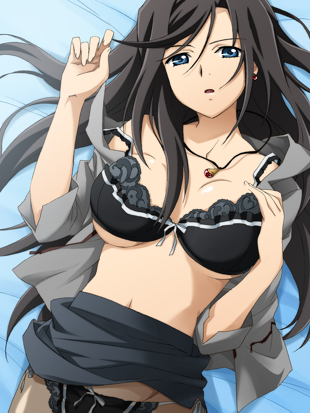 saipaco, jody hayward, el cazador de la bruja, highres, 00s, 1girl, black hair, black panties, blue eyes, bow, bow panties, bra, breasts, cleavage, clothes lift, earrings, female focus, hair between eyes, jewelry, large breasts, lingerie, long hair, lying, midriff, necklace, open clothes, open mouth, open shirt, panties, panties under pantyhose, pantyhose, pencil skirt, shirt, side-tie panties, skirt, skirt lift, solo, strap slip, underboob, underwear, undressing