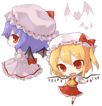 7010, flandre scarlet, remilia scarlet, touhou, light purple hair, lowres, 2girls, bat (animal), blonde hair, chibi, fang, female focus, full body, hat, looking back, multiple girls, open mouth, red eyes, short hair, siblings, simple background, sisters, skirt, smile, white background, wings