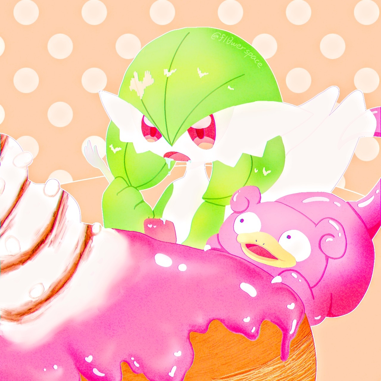 yuri (fl0werspace), gardevoir, slowpoke, komeda's coffee, nintendo, pokemon, 1girl, artist name, bob cut, colored skin, dessert, drooling, female focus, flat chest, food, fork, gen 1 pokemon, gen 3 pokemon, green hair, green skin, hair between eyes, hand up, holding, holding fork, looking at food, multicolored skin, open mouth, orange background, outline, oversized food, oversized object, pokemon (creature), polka dot, polka dot background, purple eyes, red eyes, saliva, shiro-noir, short hair, signature, twitter username, two-tone skin, white outline, white skin