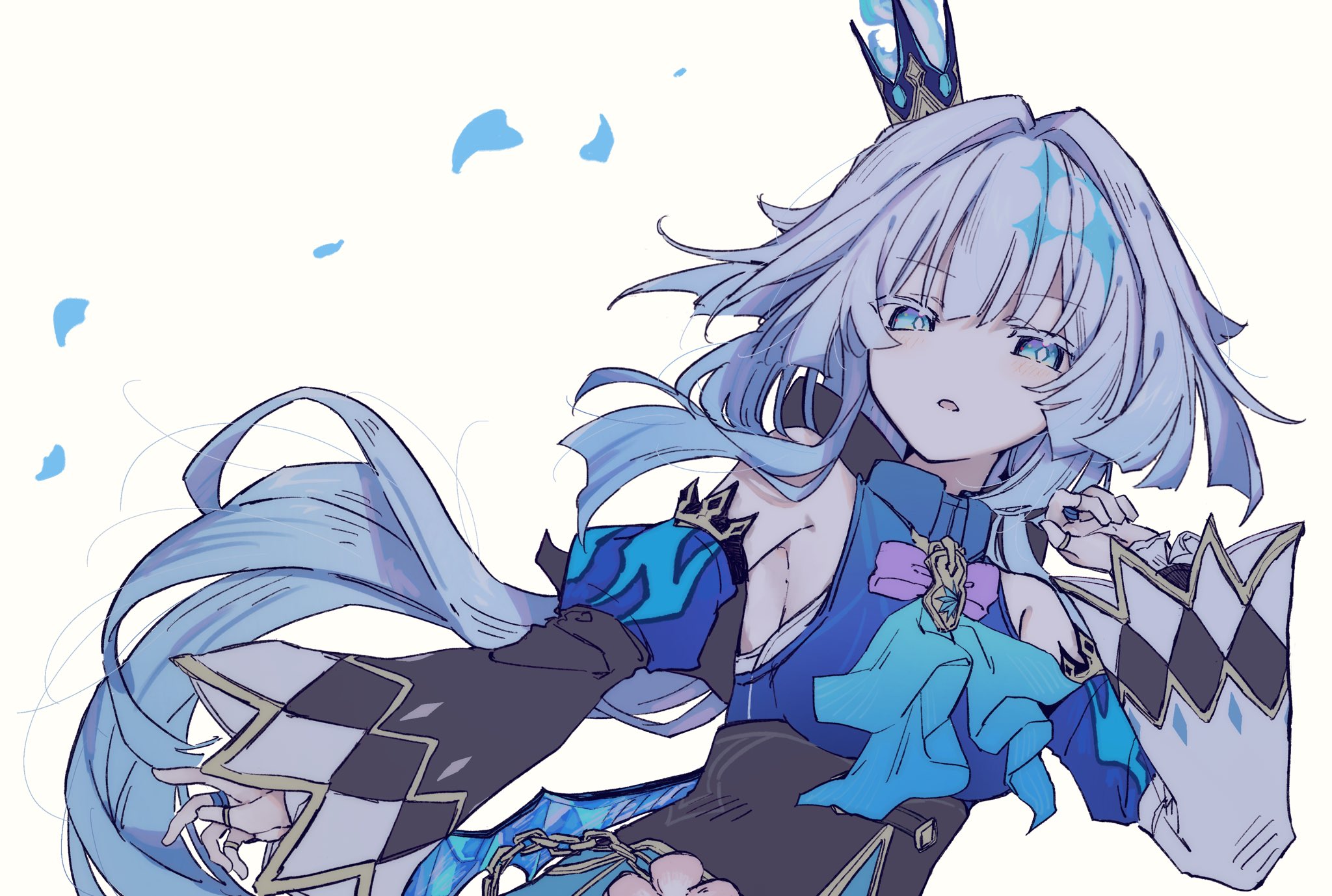 cerydra (honkai: star rail), honkai: star rail, honkai (series), highres, 1girl, bare shoulders, blue dress, blue eyes, crown, detached sleeves, dress, dutch angle, hair intakes, half-closed eyes, jewelry, looking at viewer, mini crown, multiple rings, okura 0915, parted lips, ring, simple background, solo, white background, white hair