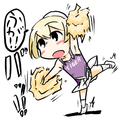 loungena, flandre (kaibutsu oujo), kaibutsu oujo, lowres, 00s, 1girl, black eyes, blonde hair, blush, cheerleader, female focus, full body, open mouth, pom pom (cheerleading), purple shirt, shirt, shoes, skirt, socks, solo, standing, standing on one leg, tank top, white background, white shoes, white skirt, white socks